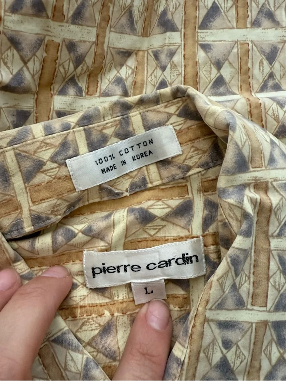 Pierre Cardin Short-Sleeve Button-Down in Tan Geometric Pattern
